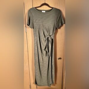 Nicole Miller Olive Green Midi Dress with Knot Detail and Side Slits EUC